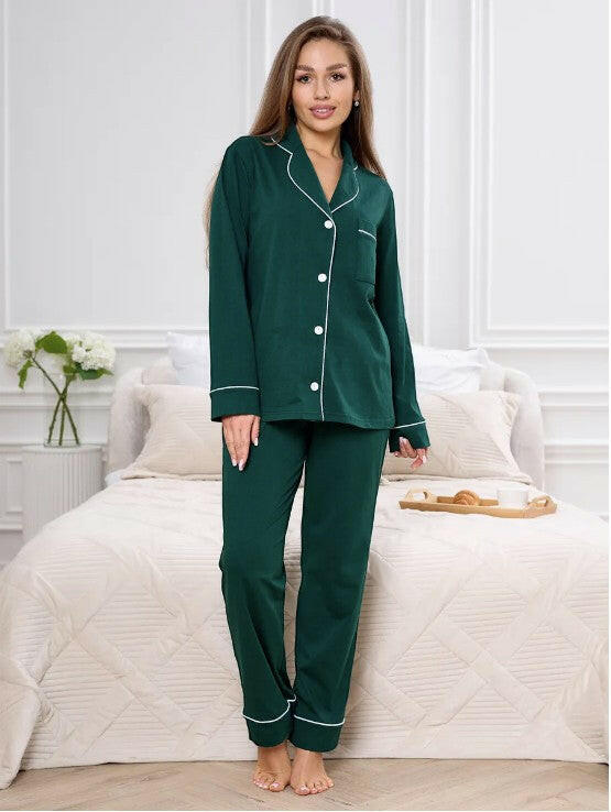 Luxe Silky Satin Mix Pyjama set with piping - Lite Olive × Dark Green