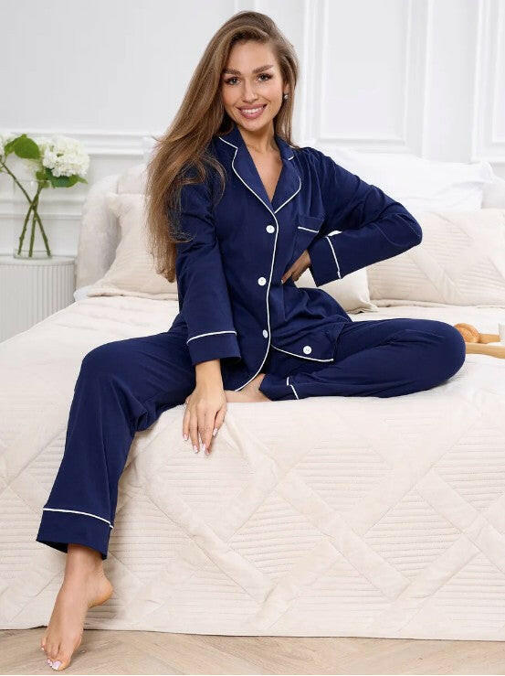 Luxe Silky Satin Mix Pyjama set with piping - Aqua × Midnight Blue