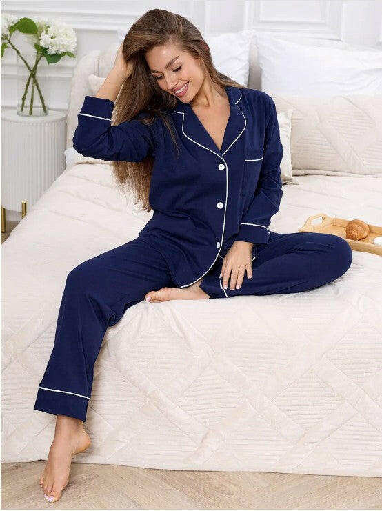 Luxe Silky Satin Mix Pyjama set with piping - Aqua × Midnight Blue