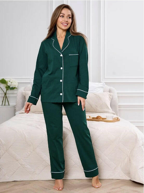Luxe Silky Satin Mix Pyjama set with piping - Lite Olive × Dark Green